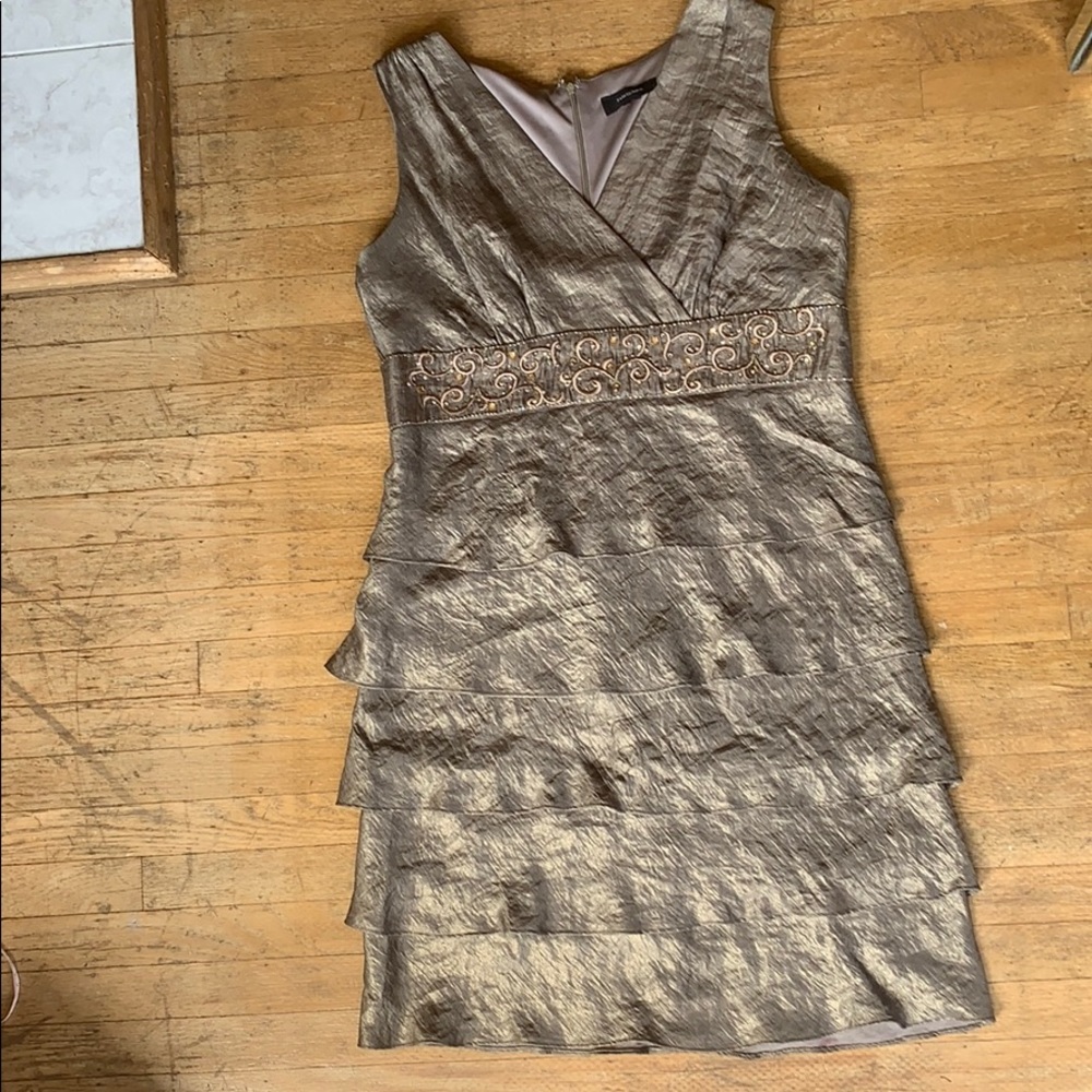 R&M Richards Metallic Gold Tiered Cocktail Dress